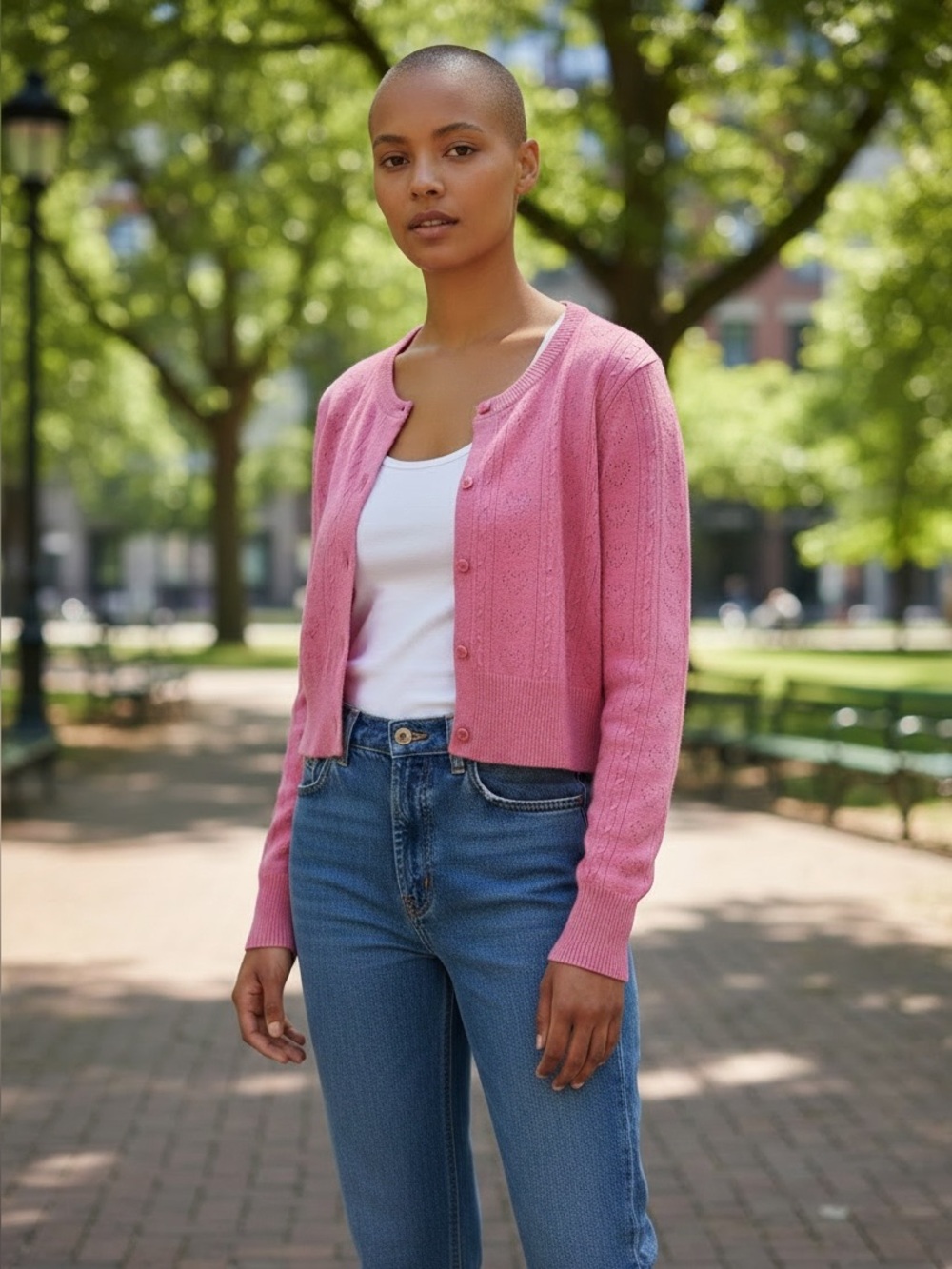a new day Pink Heart Cropped Button-Front Cardigan